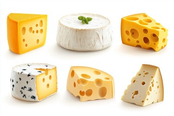 Isolated on a white background, a set of hand-drawn watercolor cheese pieces