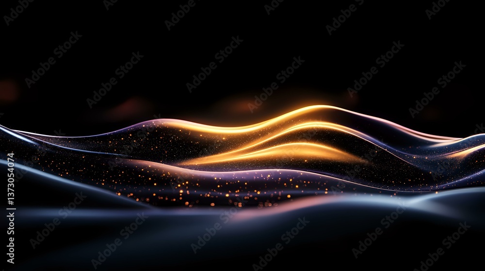 Poster Glowing abstract waves with golden and purple light trails flowing on dark background, sparkling particles creating dynamic motion effect.
