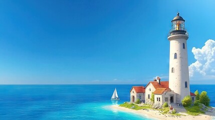  A lighthouse on an island stands tall in the foreground as a sailboat bobbles in the clear blue water The sky above is a brilliant shade of blue,