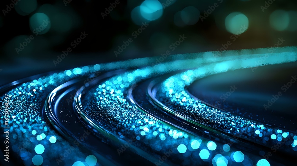 Poster glowing curved path with magical blue sparkles and bokeh lights against dark background creates myst
