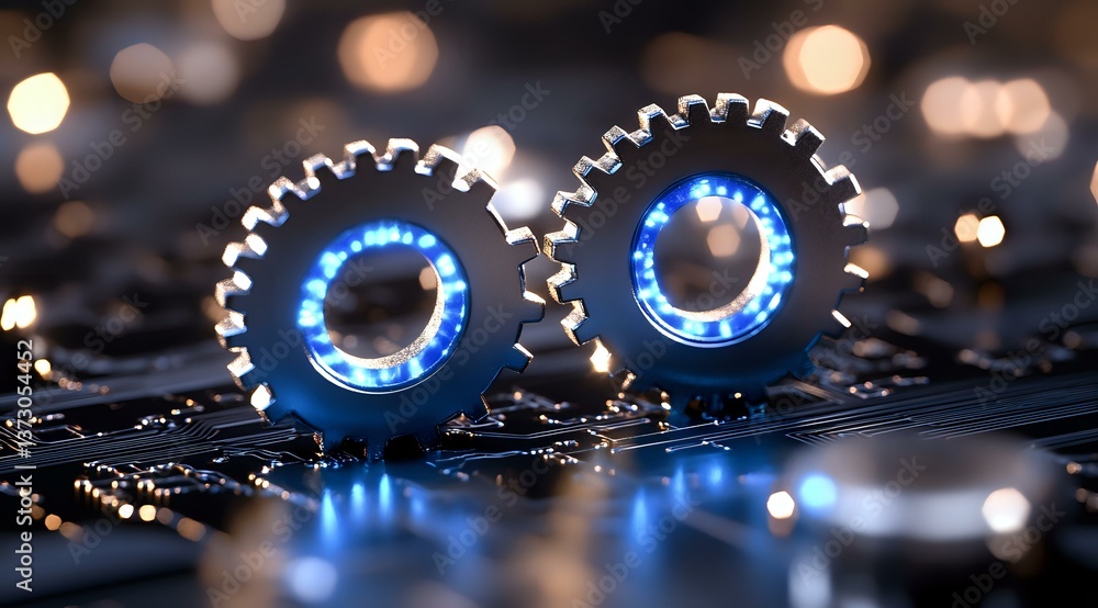 Poster glowing blue mechanical gears on circuit board with bokeh lights background, representing digital tr