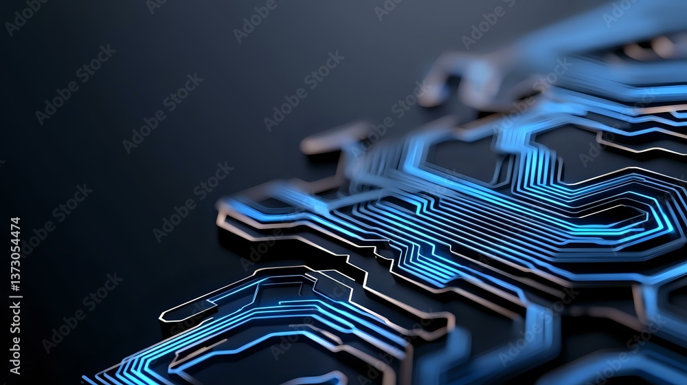 Poster glowing blue circuit board paths on dark background with intricate electronic traces and connections