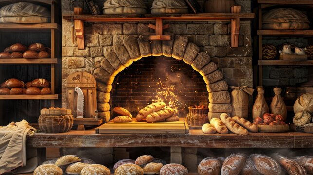 Artisanal bread oven with a baker sliding a batch of loaves