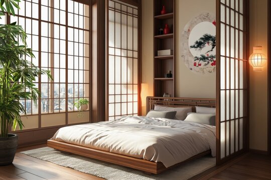 Bedroom containing bed shelves and a folding screen