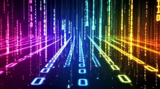 Vibrant digital binary code streams flowing through a futuristic landscape with colorful light effects in the background