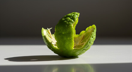 Bergamot peel in artistic illumination with soft shadows on a white surface