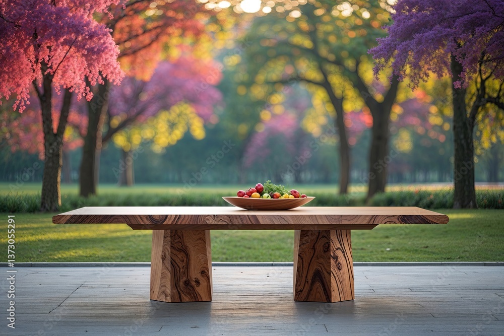 Poster open grain dining table with soft bokeh of vibrant trees in a serene park background for product sho