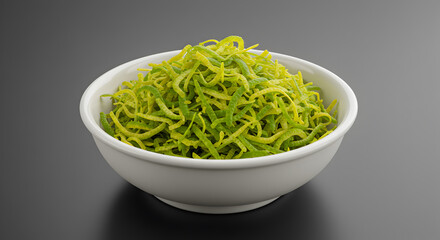 Vibrant bergamot zest spirals elegantly arranged in a pristine white bowl