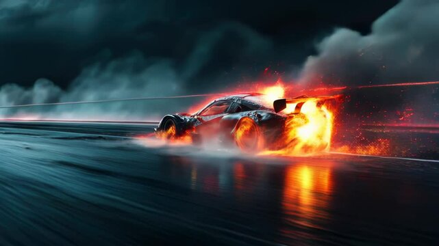 Sports car driving fast with fire on race track, burning vehicle, flame, smoke, wreckage and sparks during accident. Concept of crash, speed, wreck. 