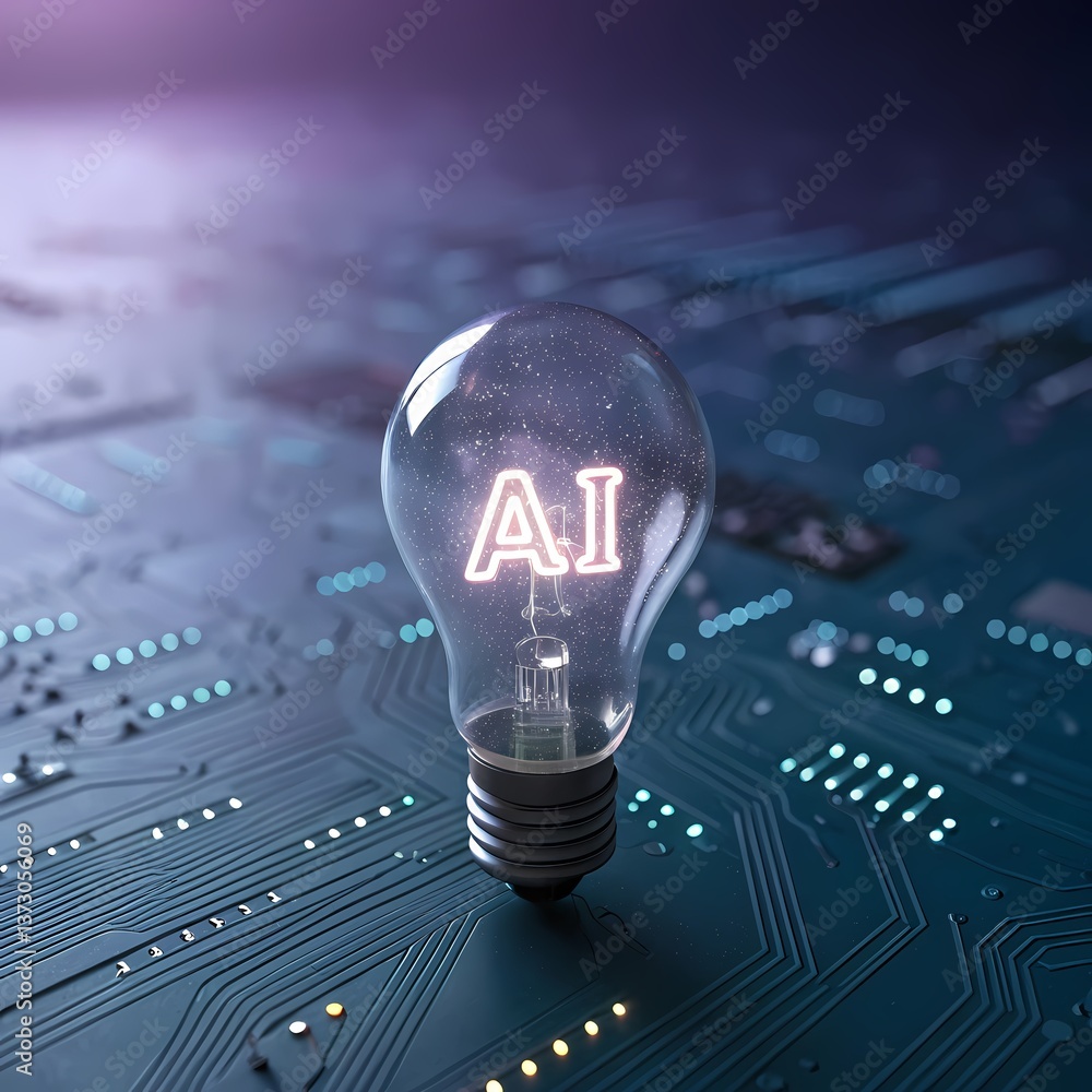 Poster ai artificial intelligence lightbulb on circuit board technology future innovation concept image