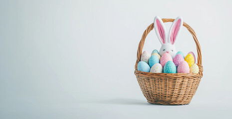 easter basket with eggs and bunny ears on white background, copy space for text