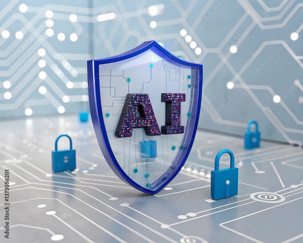 Poster ai cybersecurity shield protection concept for data privacy and network security in digital technolo