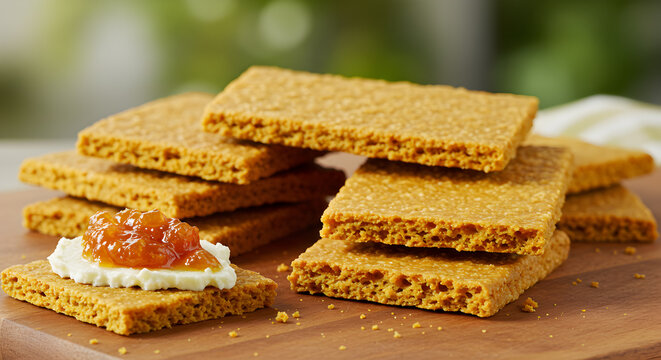 Golden kaniwa crackers with cream cheese and marmalade on a wooden board