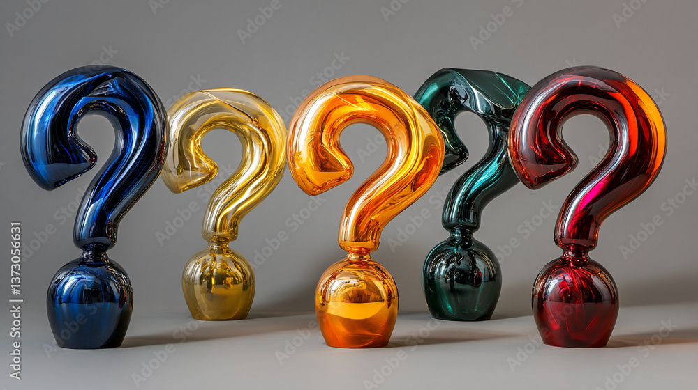 Poster five glossy question marks, in blue, gold, orange, teal, and red, stand on round bases, creating a v