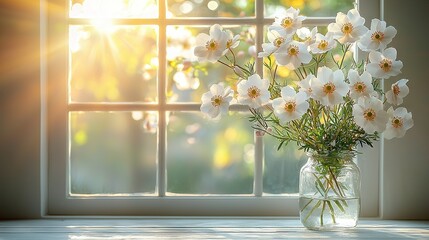   A vase brimming with white blossoms sits before a window, with sunlight filtering through the pane