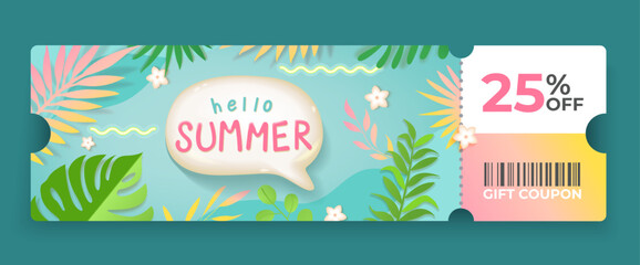 25 Off sale voucher coupon with speech bubble Hello Summer.Gift Voucher with promo discount.Template discount coupons tickets card for web, design,social media,business promo, online purchases. Vector