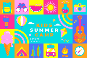Kids Summer camp bright geometric flyer in square tile style, concept with symbols of camping - tent, backpack, compas, guitar, campfire, lots of fun and activity programs. Vector illustration.
