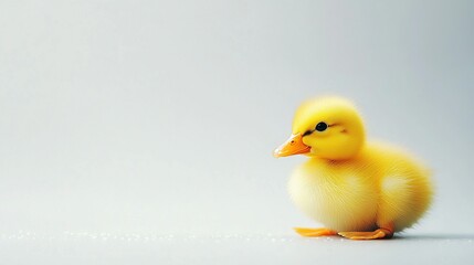   A yellow duck sits atop a white floor beside a monochrome image of a newborn duckling
