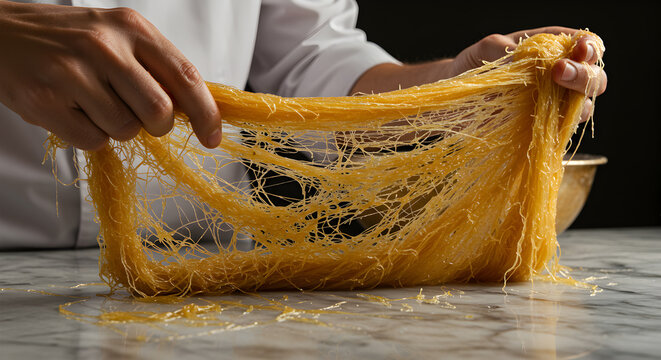 Artisan crafting delicate kunafa dough strands for a Middle Eastern dessert