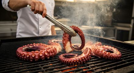 Culinary delight: Grilling octopus tentacles with tantalizing aroma and smoky texture