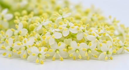 Delicate beauty of elderflower blossoms in a close-up against a white background