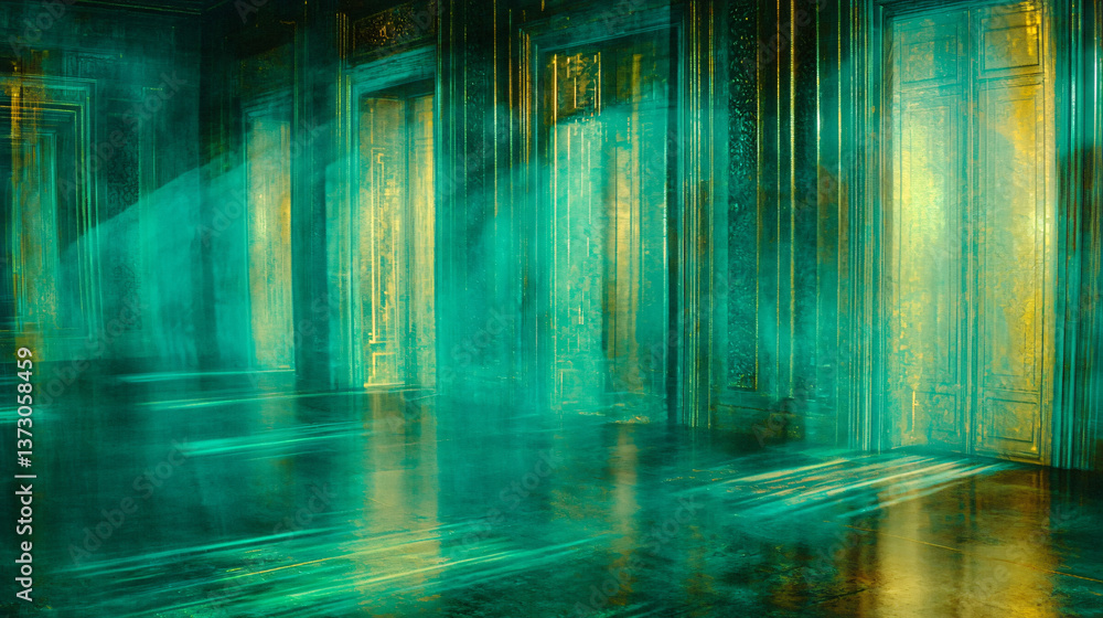 Poster ethereal room bathed in a soft green light creating a dreamlike atmosphere for reflection and imagin