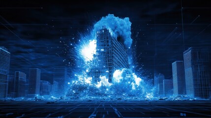 Futuristic Urban Destruction with Explosive Cloud and Blue Sparks Encasing a Skyscraper amidst a City Landscape, Illustrating Chaos and Technology Interplay