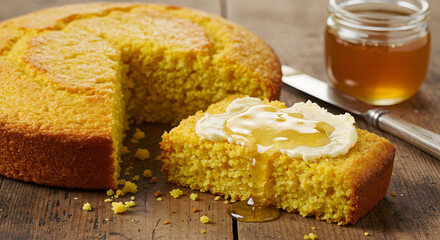 Golden Cornbread Delight: Fresh Baked Slice with Honey Butter on Rustic Surface
