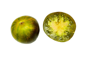 Green tomato whole and cut in half, on white background. Fresh and ripe. Top view