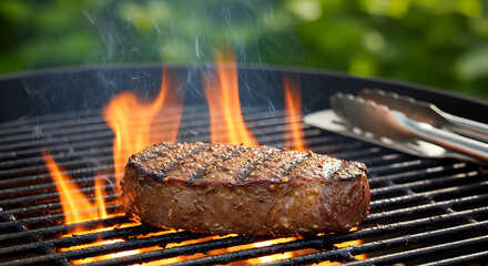 Sizzling venison steak on a flaming grill, creating a culinary masterpiece outdoors