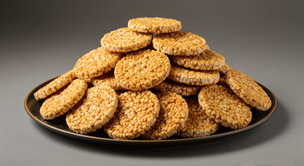 Pile of golden-brown rice cakes stacked high on a rustic plate ready to eat
