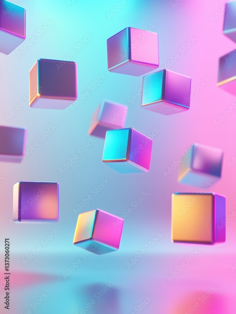 Poster Futuristic minimalistic background featuring colorful floating 3D cubes with soft reflections and vibrant neon gradients