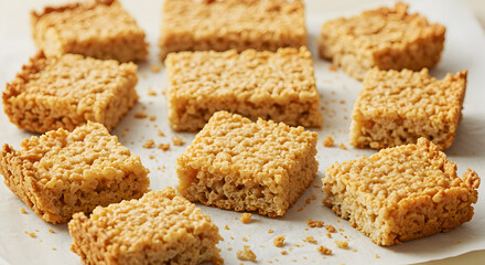 Delicious homemade crispy rice squares arranged creatively on a white surface
