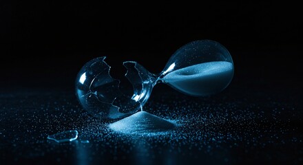 Broken hourglass with scattered sand representing time slipping away and loss. Metaphor depicting deadline, ending, past due. Suitable for business, finance, education