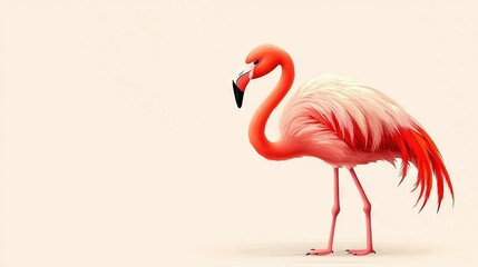 Fototapeta premium A pink flamingo with a long neck and legs stands against a white background, surrounded by a pink background