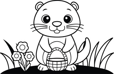 Cartoon Otter Holding Basket Flowers in Black Outline with Transparent Background