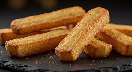 Golden Crispy Skirret Fries on Dark Stone Slab for Elegant Gastronomic Presentation