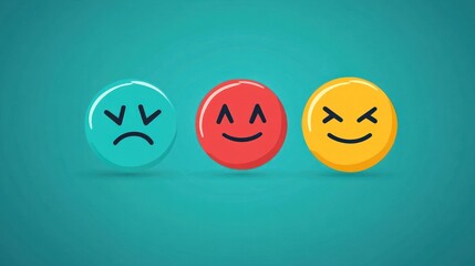 Three colorful emoji spheres displaying different feelings and expressions