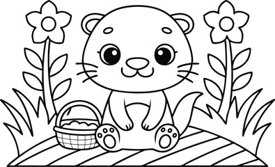 Smiling Cartoon Otter Sitting near Flowers and Wicker Basket Outline on White
