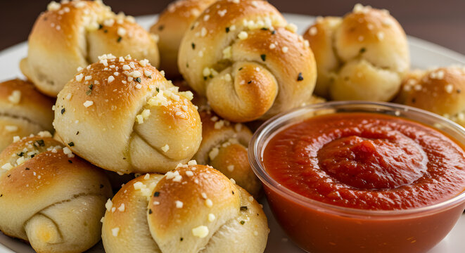 Delicious garlic knots served with marinara sauce, a popular appetizer snack