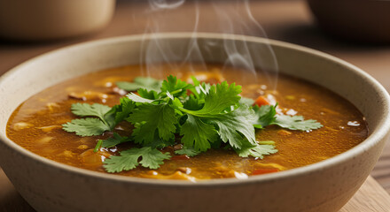 Fragrant chicken soup garnished with cilantro steams invitingly on a wooden table