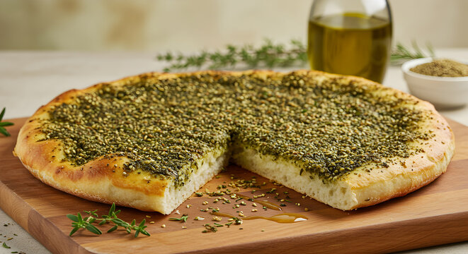 Delicious zaatar manaeesh flatbread pizza with fresh herbs on wooden board close up