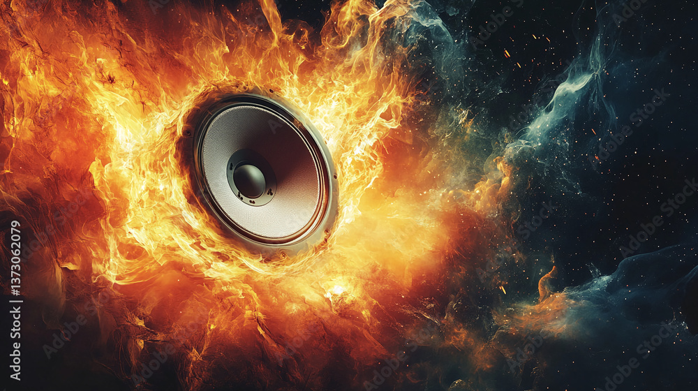 Aufkleber Speaker engulfed in fiery orange and teal flames, creating a dynamic and intense visual, showcasing power, energy, and passion for music