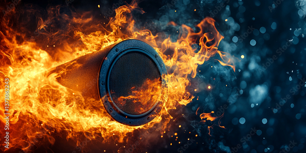 Poster Speaker engulfed in fiery flames, dark background with bokeh effect, showcasing intense energy and passion, ideal for music or concert promotion