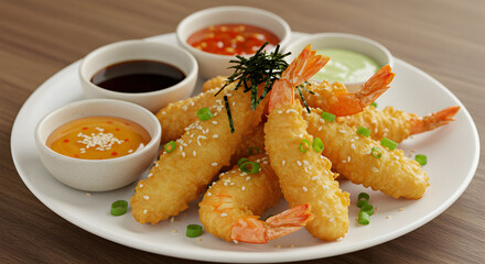 Golden crispy tempura shrimp served with various dipping sauces on white plate