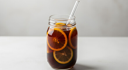 Refreshing cold brew coffee in a glass jar with vibrant citrus slices garnish