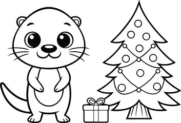 Cartoon Otter with Christmas Tree and Gift Box Outline in Black and White Festive Design
