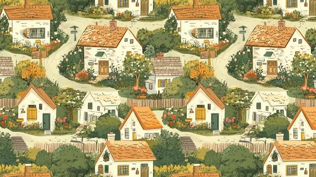 Animation of charming village houses in a repeating pattern.