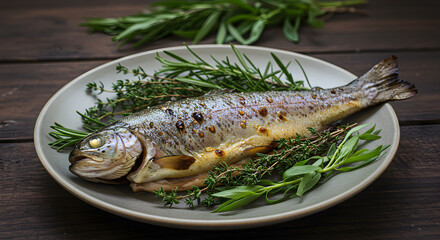 Exquisite Grilled Trout Presentation with Aromatic Herbs on Rustic Wooden Surface