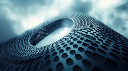 Modern, futuristic architectural structure, swirling, circular form, reaching towards cloudy sky